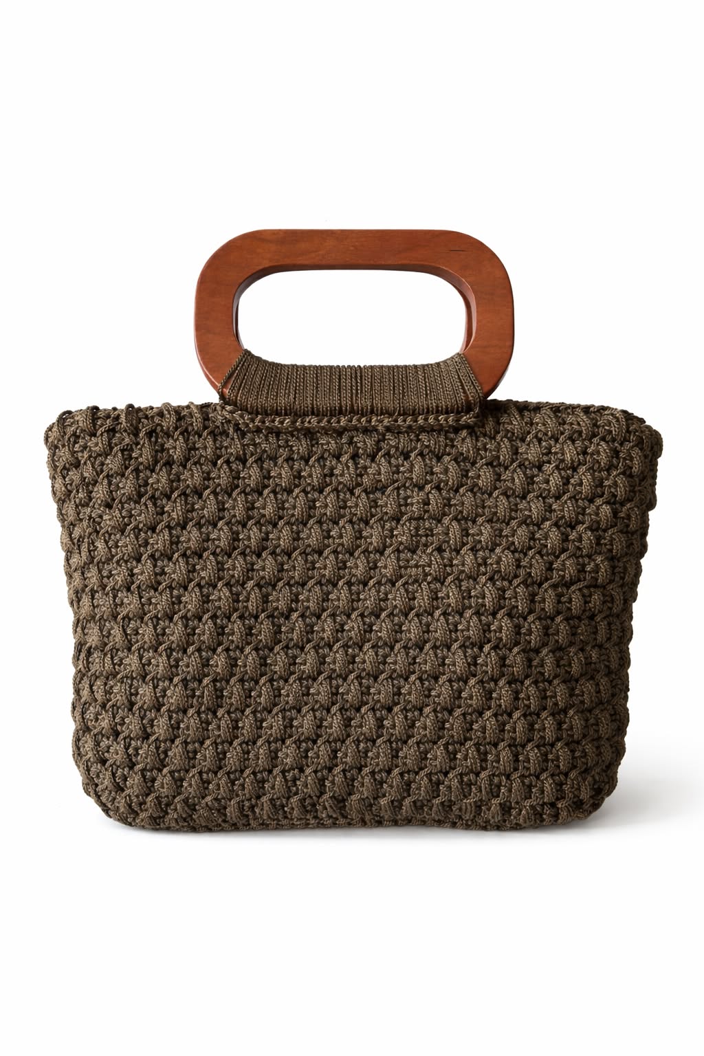 Mala Viena: mala de crochet em tons de verde-oliva com pega de madeira