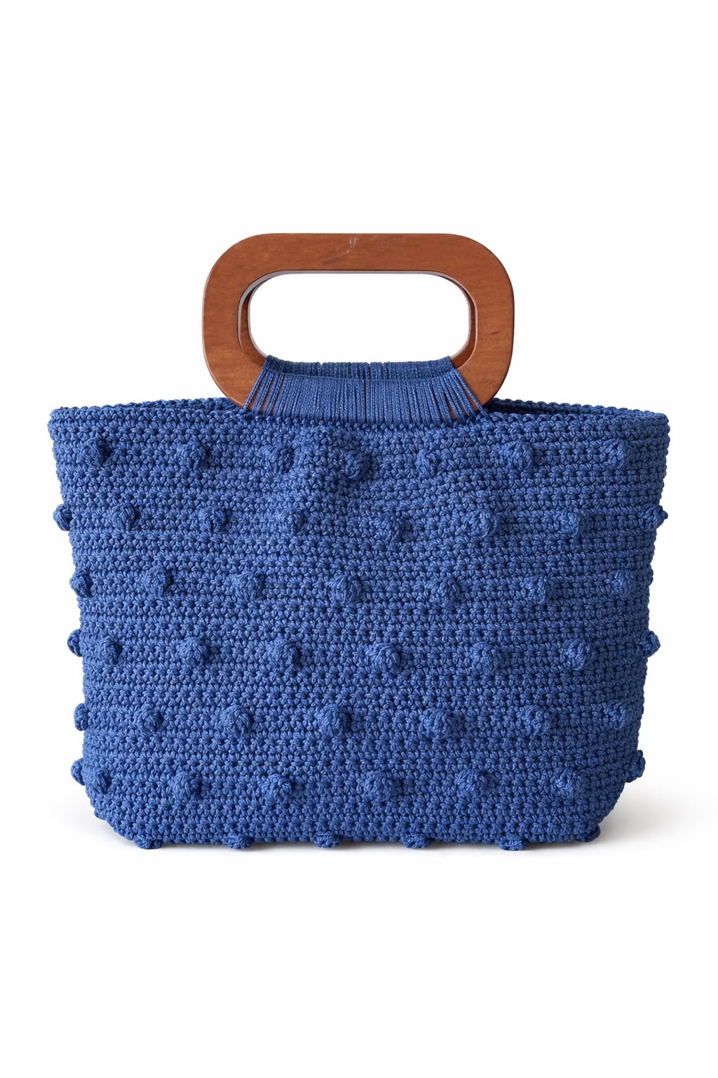 Mala Ibiza: mala de crochet azul com pontinhos relevados e pega de madeira